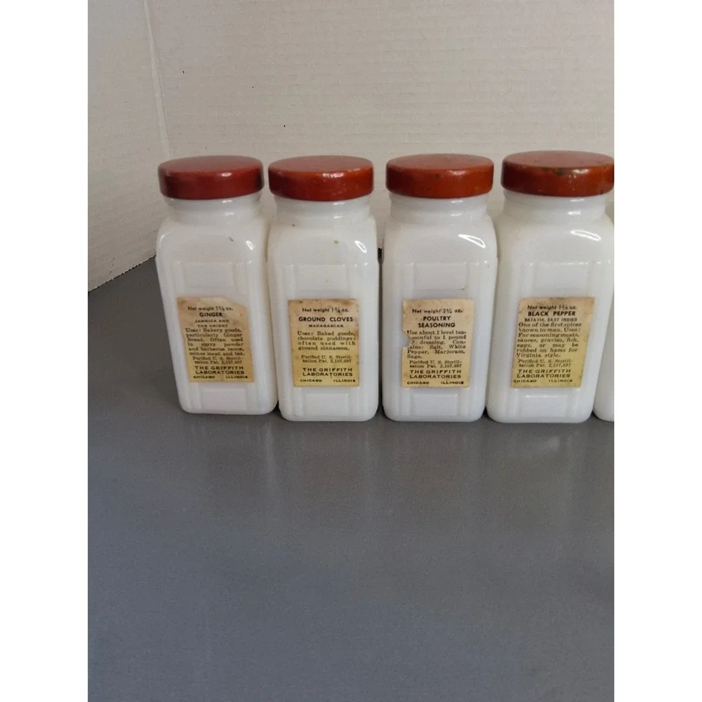 Vintage Griffiths Milk Glass Spice Jars Set of 8 Red Lids Art Deco Kitchen Decor